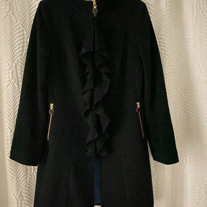 Black ruffle front Tahari wool coat